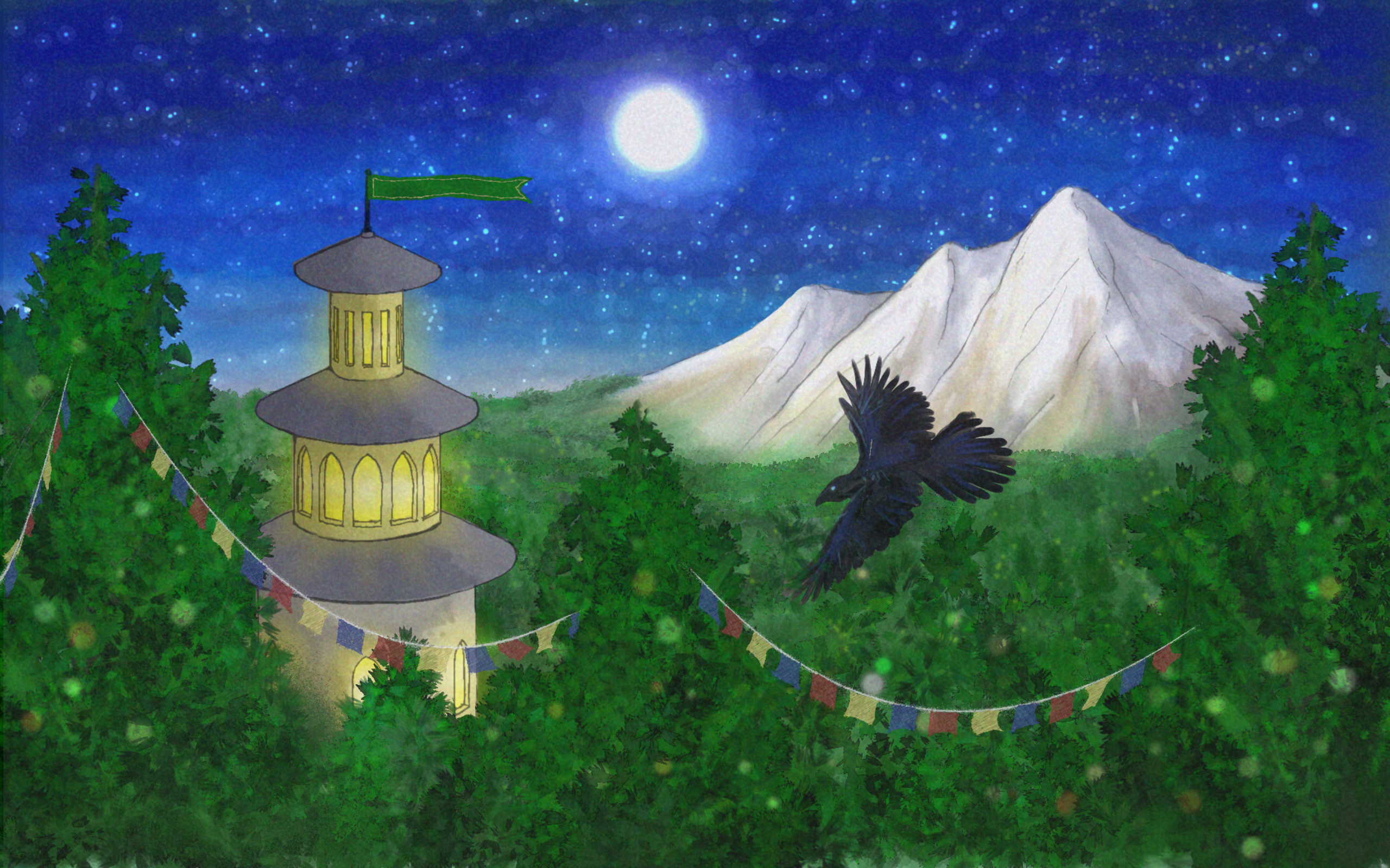 A digital image of a tiered tower with a green flag on top flowing in the wind. A large black bird is flying to the tower while a full moon shines down on the green forest that surrounds the tower and a snow capped mountain ridge sits behind and to the left of the forest.